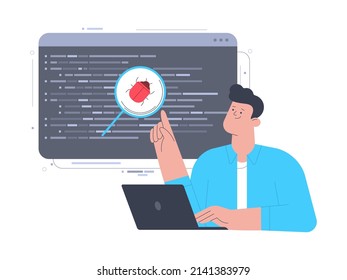 IT specialist testing software on laptop in search of bugs. Quality Assurance, debugging, development, coding, automated and manual testing concept. Vector cartoon illustration on white background