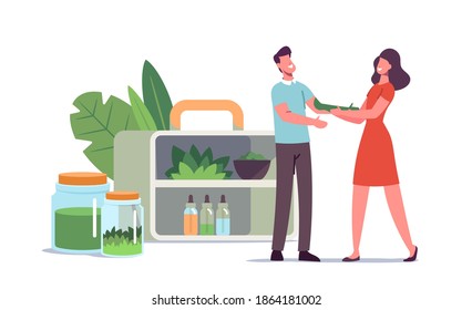 Specialist of Traditional Medicine Giving Herbal Remedy to Patient. Female Doctor Character Prepare Ayurvedic Alternative Drugs of Plants and Natural Ingredients. Cartoon People Vector Illustration