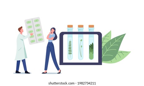 Specialist of Traditional Medicine Giving Herbal Remedy to Patient. Male Doctor Character Prepare Ayurvedic Alternative Drugs of Plants and Natural Ingredients. Cartoon People Vector Illustration