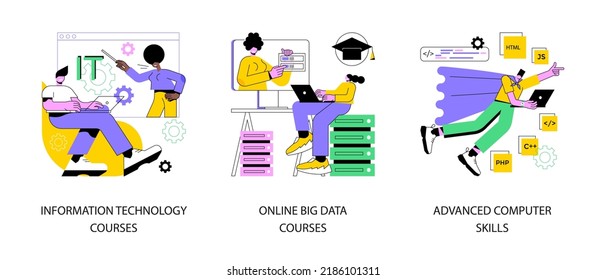 IT specialist training abstract concept vector illustration set. Information technology courses, online big data degree program, advanced computer skills, data and web programming abstract metaphor.