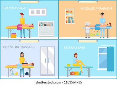 Specialist in uniform stretching back of client with hands and apparatus and hot stone. Medical massage in massaging cabinet cartoon set vector banner.