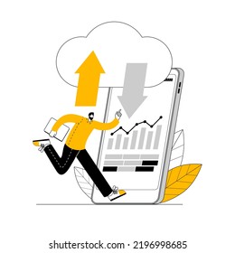 The specialist uploads data from the smartphone's memory to the cloud and back. Vector illustration on the topic of storing and unloading a large amount of data.