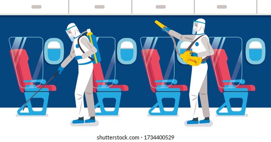 Specialist wearing protective suit and equipment disinfecting the interior of an airplane for covid-19 pandemic. Vector illustration