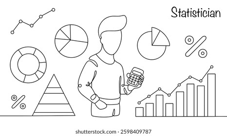 A specialist who analyzes data, develops statistical models, and makes predictions based on mathematical methods. Hand-drawn work of a statistician. Isolated vector. 