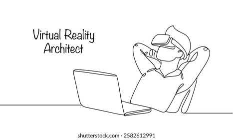 A specialist who designs and develops complex virtual environments and interactions in VR space. A man wearing virtual reality glasses sits in front of a laptop. Modern profession.