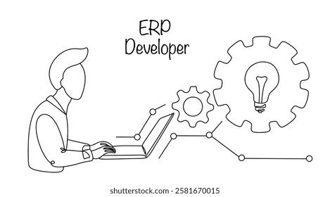 A specialist who develops, configures and supports ERP systems. A man works at a computer for the efficient operation of the company. Vector illustration. ERP Developer.