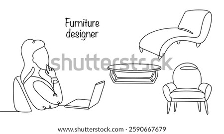A specialist who develops the style, design and functionality of furniture. A furniture designer is thinking of an interesting design for chairs and a table. Simple vector. Furniture designer.