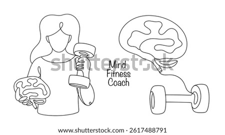 A specialist who helps people develop and train their mental abilities, improve concentration, memory, emotional stability and cognitive skills. A woman holds a brain and a dumbbell. Mind Coach. 