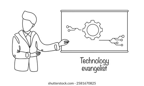 A specialist who popularizes certain technologies, products or ideas in the IT field. A man makes a presentation of a new development. Vector illustration for different uses. Technology evangelist.