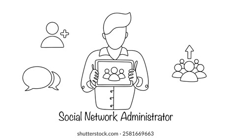 A specialist who is responsible for maintaining the community, its development, increasing the number and activity of subscribers. Hand drawn social media administrator profession. Isolated vector.