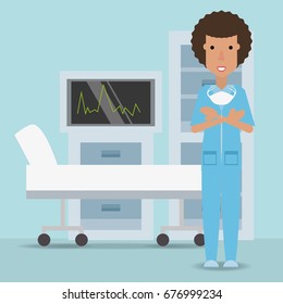 specialist woman doctor with stretcher and cabinet