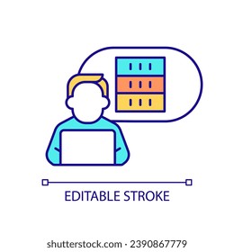 Specialist working with digital data RGB color icon. Online information analytics. Employee skill development. Isolated vector illustration. Simple filled line drawing. Editable stroke