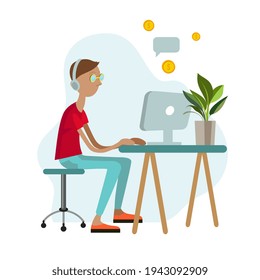 An IT specialist works at a computer. Vector illustration in flat style.