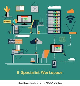 It specialist workspace scene. Vector illustration. Front view