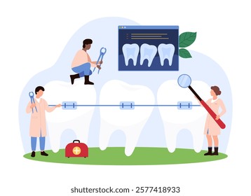 Specialists adjusting braces on giant teeth, focusing on orthodontics, dental correction, and oral health improvement vector illustration.