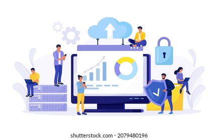 IT specialists administrate cloud service, data storage. Hosting platform. Big data processing, transferring. Online computing technology. Software solutions to share informations on digital network