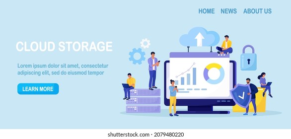 IT-Spezialisten verwalten Cloud-Service, Datenspeicherung. Hosting-Plattform. Große Datenverarbeitung, Datenübertragung. Online-Computing-Technologie. Softwarelösungen zum Austausch von Informationen über das digitale Netzwerk