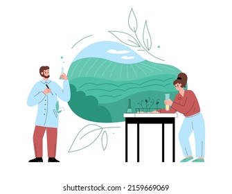 Specialists in agronomy, agriculture and plant breeding conducting laboratory experiment, flat cartoon vector illustration isolated on white background.