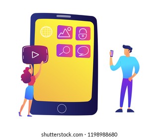 IT-Spezialisten, die mobile Anwendungen auf Smartphone-Bildschirm, Vektorgrafik. Mobile App- und UI-Entwicklung, Smartphone-Schnittstelle und Navigationskonzept. Einzeln auf weißem Hintergrund.