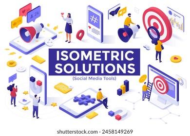 Specialists developing advertising campaign online. Social media tools isometric solutions elements collection. Digital network management. Analyzing audience on internet 3d vector illustrations