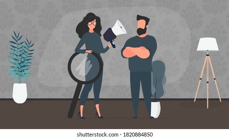 Specialists in finding and hiring people for work. The girl is holding a shout. Strong man. HR concept. Vector.