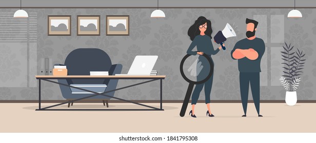 Specialists in finding and hiring people for work. The girl is holding a shout. Strong man. HR concept. Vector.