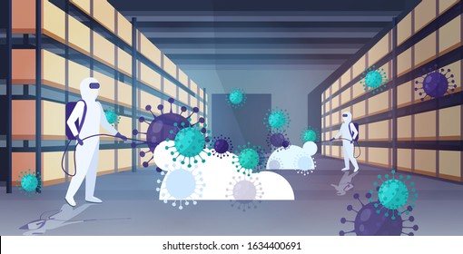 specialists in hazmat suits cleaning disinfecting coronavirus cells epidemic MERS-CoV warehouse interior wuhan 2019-nCoV pandemic health risk full length horizontal vector illustration