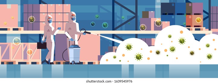 specialists in hazmat suits cleaning and disinfecting coronavirus cells epidemic MERS-CoV concept warehouse interior wuhan 2019-nCoV pandemic health risk full length horizontal vector illustration