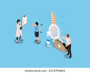 Specialists investigate causes of spinal problems. Orthopedics 3d isometric vector illustration