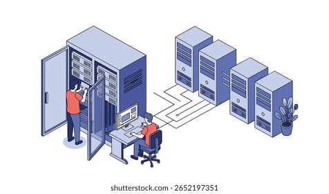 Especialistas em TI que mantêm servidores em um data center entendendo a infraestrutura de rede e o gerenciamento de hardware de computador
