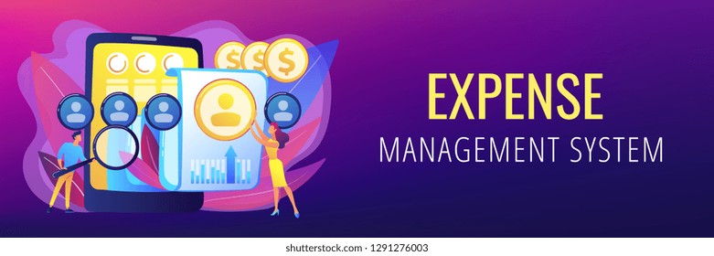 Specialists manage mobile expenses. Mobile expense management, expense management system, mobile device management and mobile network concept. Header or footer banner template with copy space.