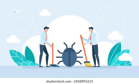 Specialists neutralize the harmful bugs. IT software application testing, quality assurance, QA team and bug fixing concept. Deleting malware, virus, bug or system error. Vector illustration