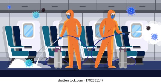 Specialists in protective suits clean and disinfect the airplane from coronavirus infection. Health risk concept flat vector illustration