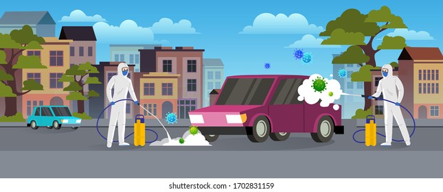 Specialists in protective suits clean and disinfect the car on the city street. Pandemic coronavirus covid-19 concept. Flat style city landscape.