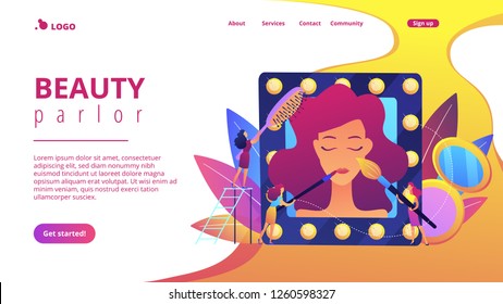 Specialists providing cosmetic treatment for woman face and hair. Beauty salon, beauty parlor, professional cosmetic treatments concept. Website vibrant violet landing web page template.