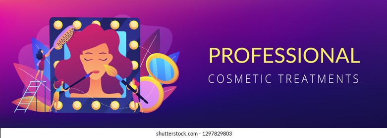 Specialists providing cosmetic treatment for woman face and hair. Beauty salon, beauty parlor, professional cosmetic treatments concept. Header or footer banner template with copy space.