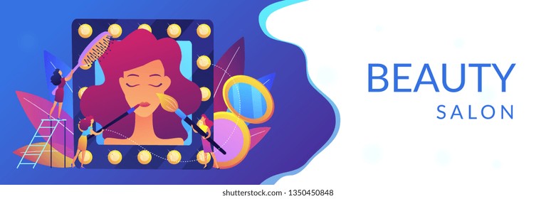 Specialists providing cosmetic treatment for woman face and hair. Beauty salon, beauty parlor, professional cosmetic treatments concept. Header or footer banner template with copy space.