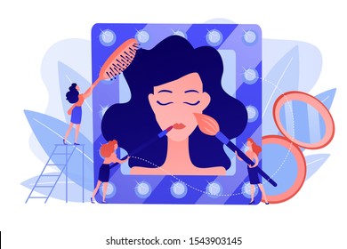 Specialists providing cosmetic treatment for woman face and hair. Beauty salon, beauty parlor, professional cosmetic treatments concept. Pinkish coral bluevector isolated illustration