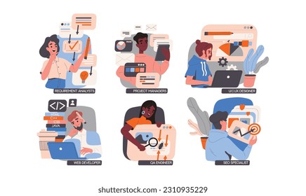 IT specialists set. People programmers work with computers and laptops. SMM employees create projects. Designers and freelancers developing in busines. Cartoon flat vector isolated on white background