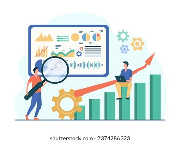 Specialists studying infographic vector illustration. Men looking at data analytics dashboard with magnifier, analyzing rising charts and performance metrics. Optimization, business concept