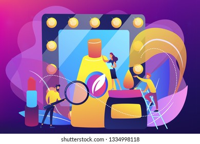 Specialists studying the natural ingredients of organic cosmetics. Organic cosmetics, organic makeup, natural ingredient cosmetics concept. Bright vibrant violet vector isolated illustration