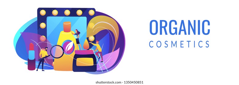 Specialists studying the natural ingredients of organic cosmetics. Organic cosmetics, organic makeup, natural ingredient cosmetics concept. Header or footer banner template with copy space.