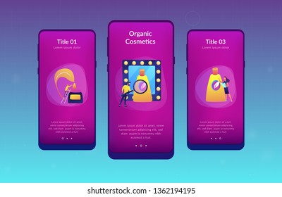 Specialists studying the natural ingredients of organic cosmetics. Organic cosmetics, organic makeup, natural ingredient cosmetics concept. Mobile UI UX GUI template, app interface wireframe