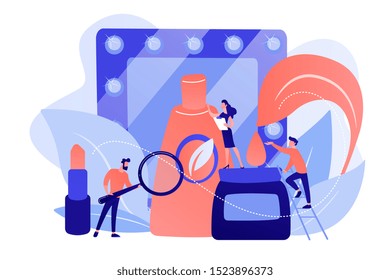 Specialists studying the natural ingredients of organic cosmetics. Organic cosmetics, organic makeup, natural ingredient cosmetics concept. Pinkish coral bluevector isolated illustration