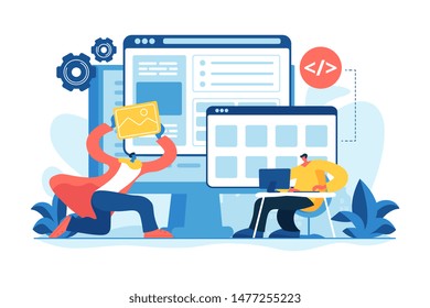 IT-Spezialisten-Team arbeitet an Projekten. Programmierung und Optimierung. Website-Entwicklung, Web-Applikations-Codierung, Design für Web-Browser-Konzept. Vektorillustration einzeln auf Kreativgrafik