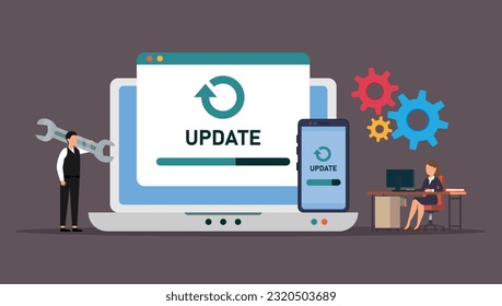 IT specialists updating software, programs and applications 2d vector illustration concept for banner, website, illustration, landing page, flyer, etc.