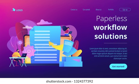 Specialists work with laptop digital data, tiny people. Digital transformation, digital solution development, paperless workflow solutions concept. Website vibrant violet landing web page template.