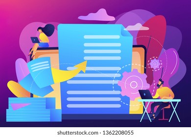 Specialists work with laptop digital data, tiny people. Digital transformation, digital solution development, paperless workflow solutions concept. Bright vibrant violet vector isolated illustration