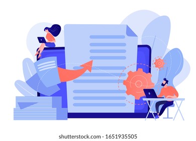 Specialists work with laptop digital data, tiny people. Digital transformation, digital solution development, paperless workflow solutions concept. Pinkish coral bluevector isolated illustration