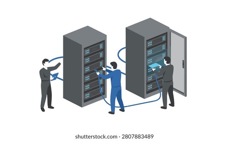 IT specialists working on large server racks and networking equipment in a data center to ensure optimal system maintenance and connectivity efficiency.